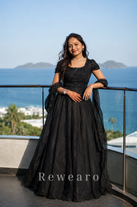 Midnight Black Embellished Ball Gown with Sheer Drape Sleeves