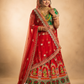Crimson Bridal Lehenga with Folk-Figurative Border, Emerald Brocade Blouse & Ornate Veil
