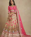 Rose Pink Mirror-Embellished Blouse with Champagne Floral Brocade Lehenga & Draped Dupatta