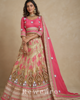 Rose Pink Mirror-Embellished Blouse with Champagne Floral Brocade Lehenga & Draped Dupatta