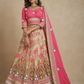 Rose Pink Mirror-Embellished Blouse with Champagne Floral Brocade Lehenga & Draped Dupatta