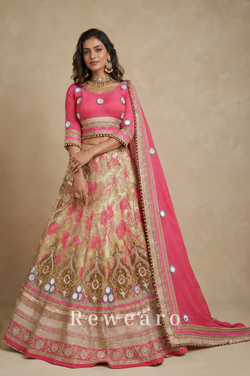 Rose Pink Mirror-Embellished Blouse with Champagne Floral Brocade Lehenga & Draped Dupatta