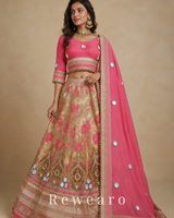 Rose Pink Mirror-Embellished Blouse with Champagne Floral Brocade Lehenga & Draped Dupatta