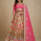 Rose Pink Mirror-Embellished Blouse with Champagne Floral Brocade Lehenga & Draped Dupatta