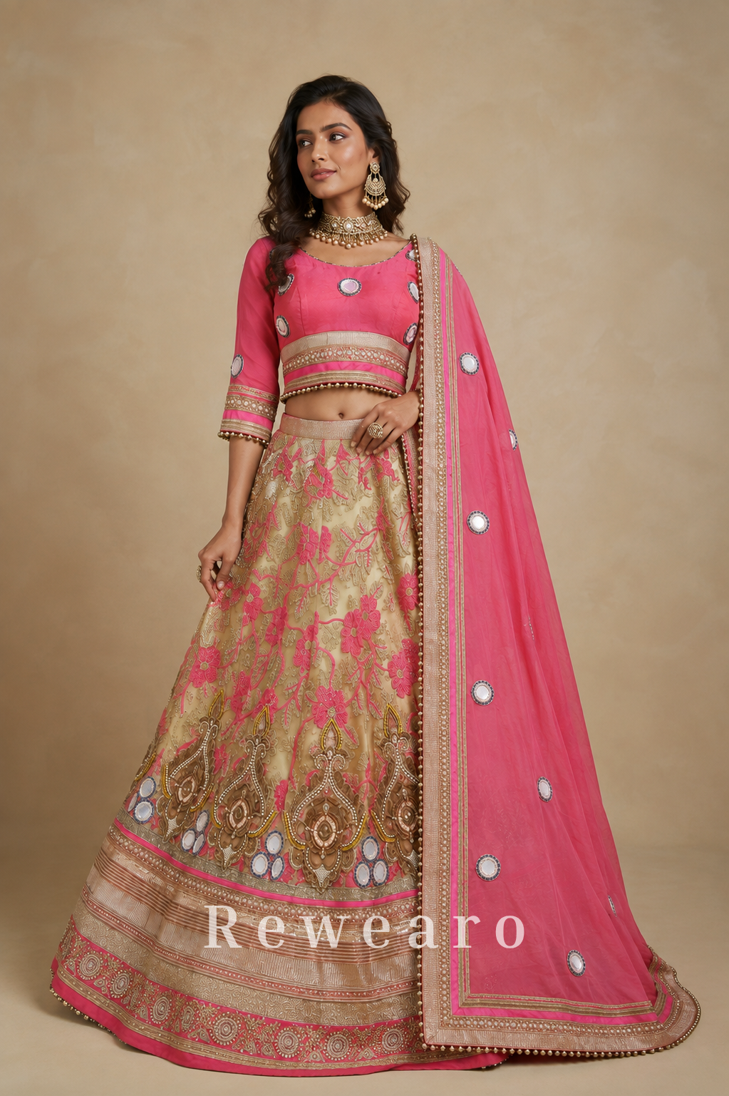 Rose Pink Mirror-Embellished Blouse with Champagne Floral Brocade Lehenga & Draped Dupatta