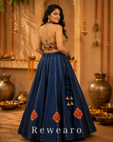 Navy Blue Printed Lehenga with Multicoloured Kutchi Embroidered Halter Blouse & Tasselled Details