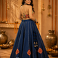 Navy Blue Printed Lehenga with Multicoloured Kutchi Embroidered Halter Blouse & Tasselled Details
