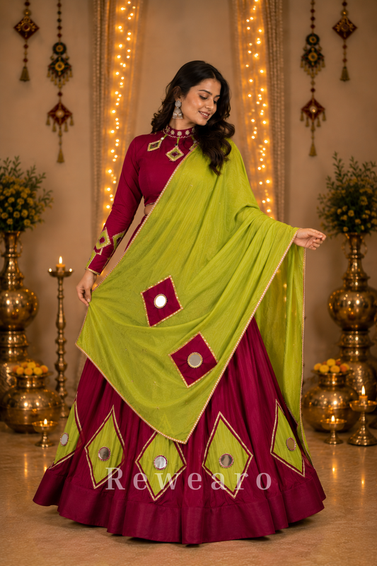Kesarika Gulnaar Aaina Lehenga Set with Lime Draped Dupatta