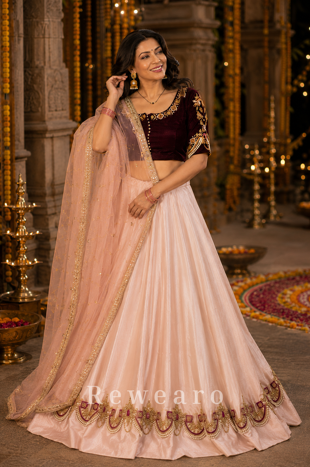 Blush Ivory Silk Lehenga Set with Wine Velvet Embroidered Blouse and Net Dupatta