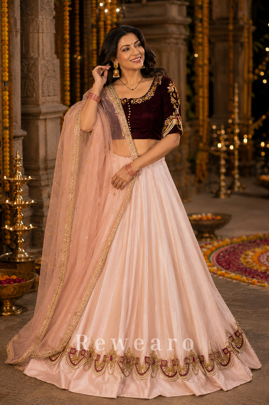Blush Ivory Silk Lehenga Set with Wine Velvet Embroidered Blouse and Net Dupatta