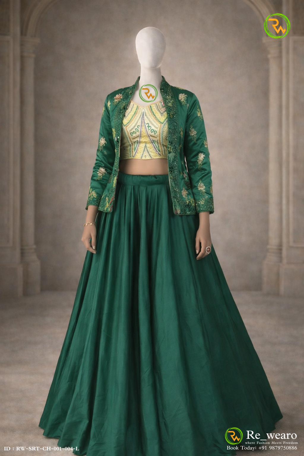 Emerald Embroidered Jacket Style Lehenga Set with Geometric Mirror Work Blouse