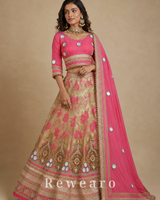 Rose Pink Mirror-Embellished Blouse with Champagne Floral Brocade Lehenga & Draped Dupatta