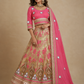 Rose Pink Mirror-Embellished Blouse with Champagne Floral Brocade Lehenga & Draped Dupatta