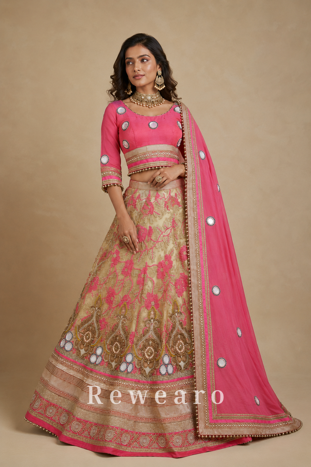 Rose Pink Mirror-Embellished Blouse with Champagne Floral Brocade Lehenga & Draped Dupatta