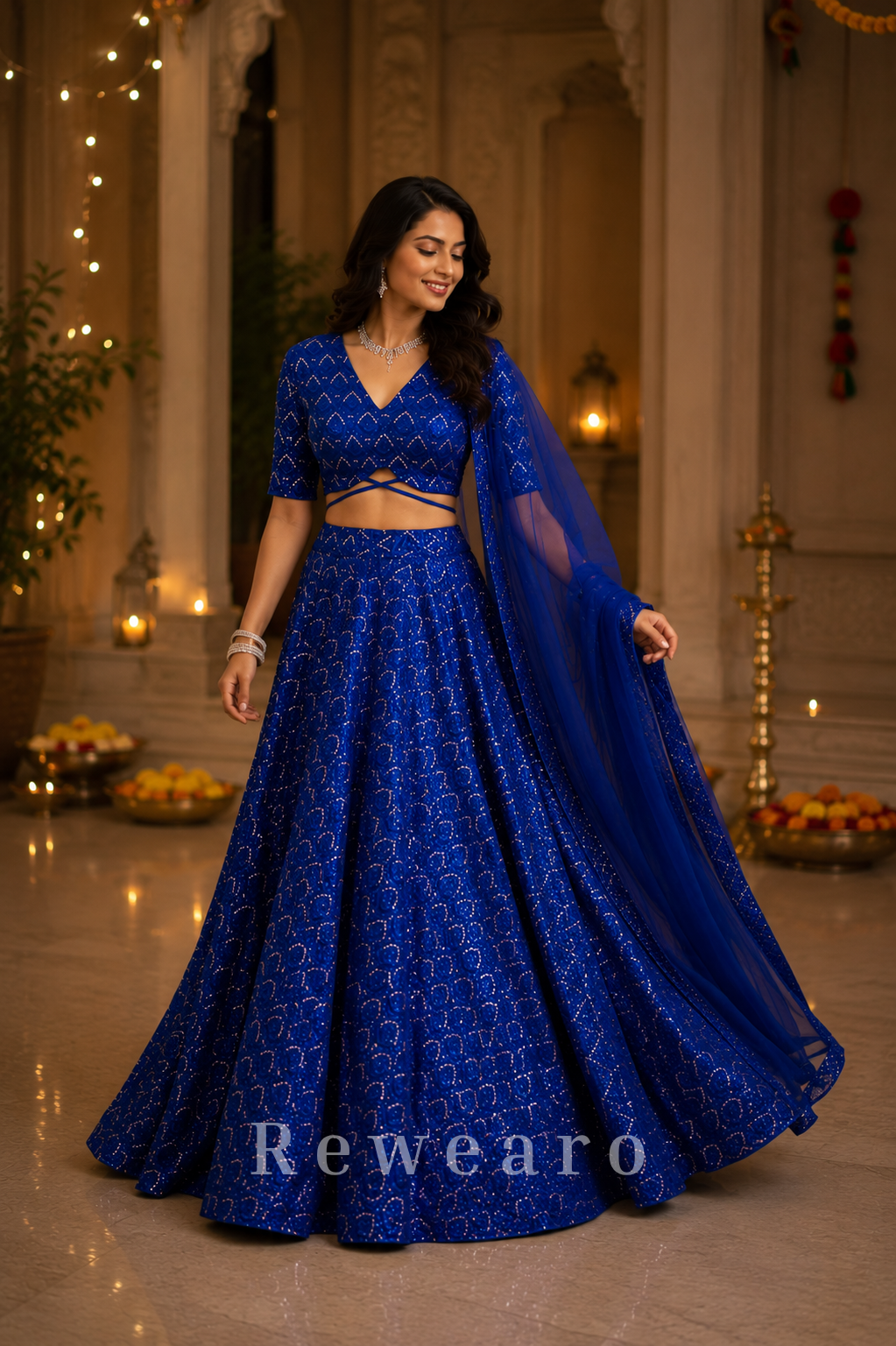 Royal Blue Sequin Embellished Lehenga Set with Criss-Cross Blouse