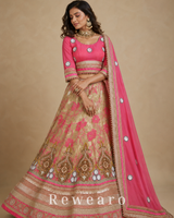 Rose Pink Mirror-Embellished Blouse with Champagne Floral Brocade Lehenga & Draped Dupatta