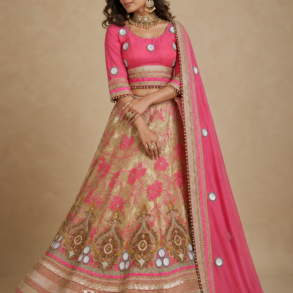 Crafted Detailing - Rose Pink Mirror-Embellished Blouse with Champagne Floral Brocade Lehenga & Draped Dupatta