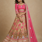 Rose Pink Mirror-Embellished Blouse with Champagne Floral Brocade Lehenga & Draped Dupatta