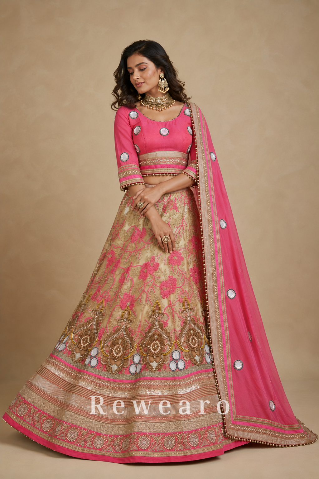 Rose Pink Mirror-Embellished Blouse with Champagne Floral Brocade Lehenga & Draped Dupatta