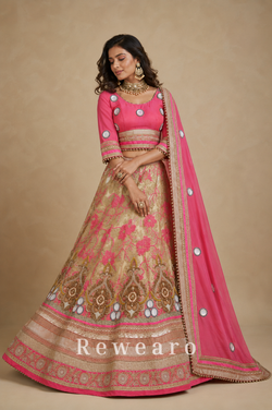 Rose Pink Mirror-Embellished Blouse with Champagne Floral Brocade Lehenga & Draped Dupatta - View 4