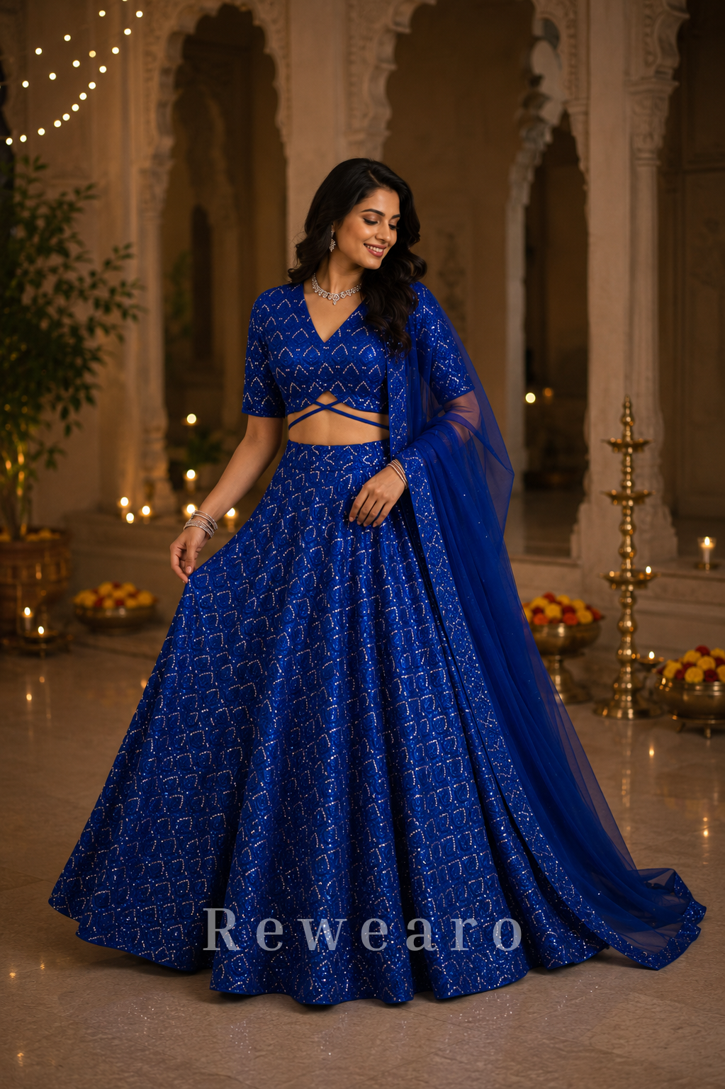 Royal Blue Sequin Embellished Lehenga Set with Criss-Cross Blouse