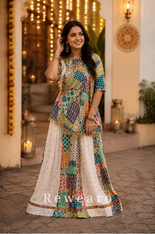 Multicolour Printed Choli Top with Panelled Flared Lehenga & Gota Border