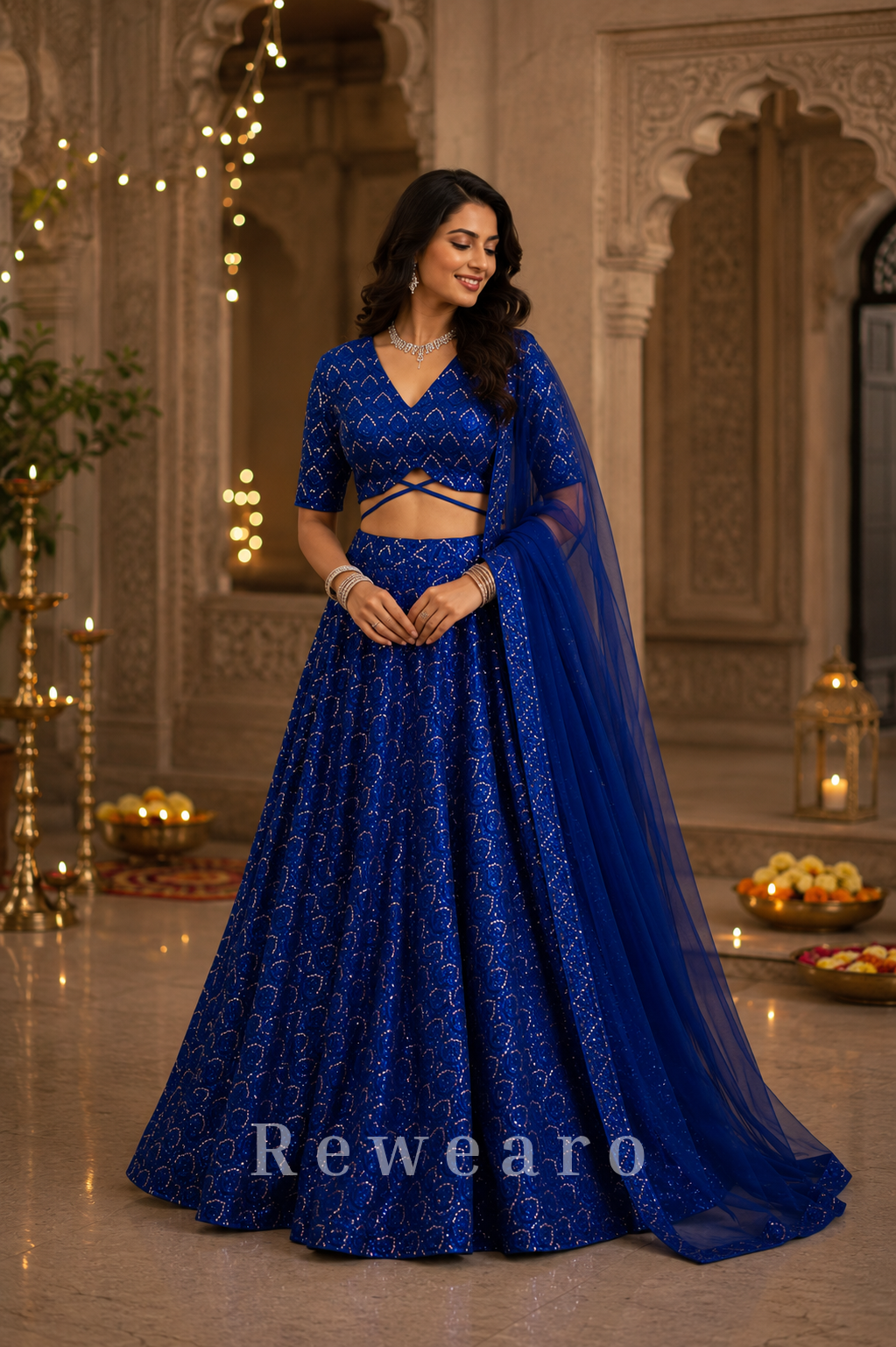 Royal Blue Sequin Embellished Lehenga Set with Criss-Cross Blouse