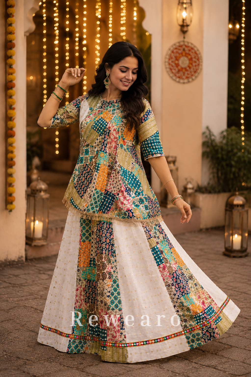 Multicolour Printed Choli Top with Panelled Flared Lehenga & Gota Border