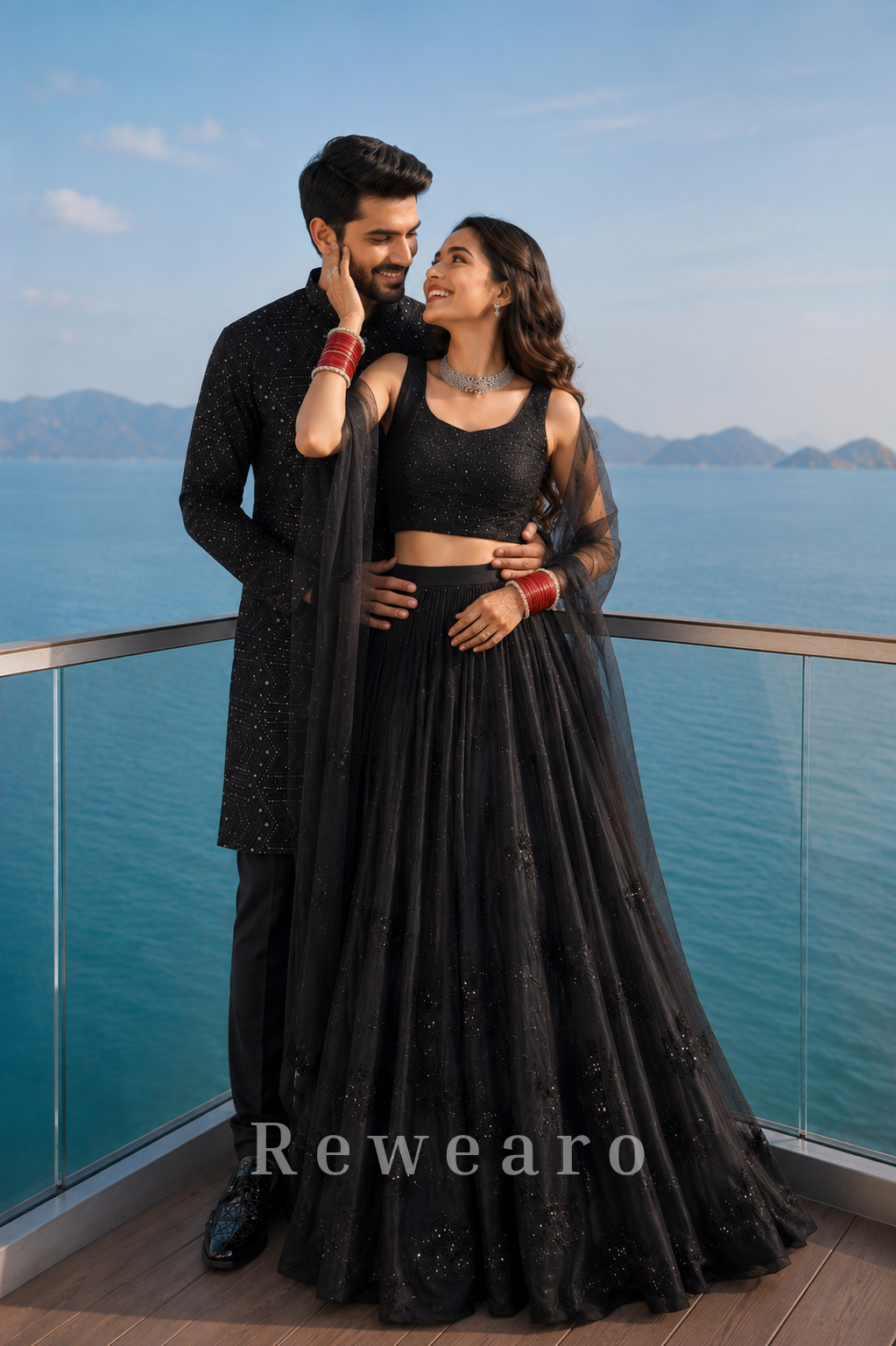 Midnight Black Coordinated Couple Set with Sequin Lehenga and Geometric Kurta