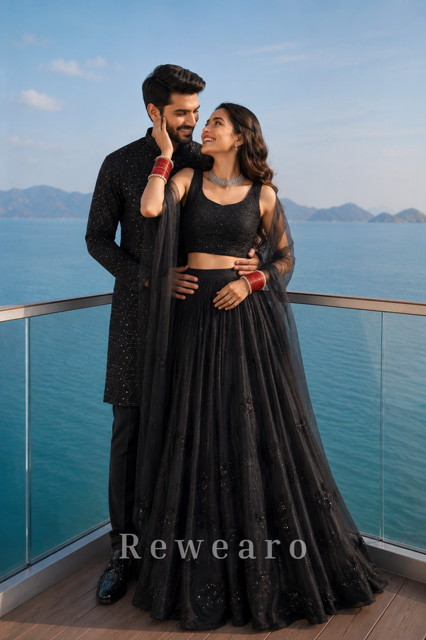 Midnight Black Coordinated Couple Set with Sequin Lehenga and Geometric Kurta