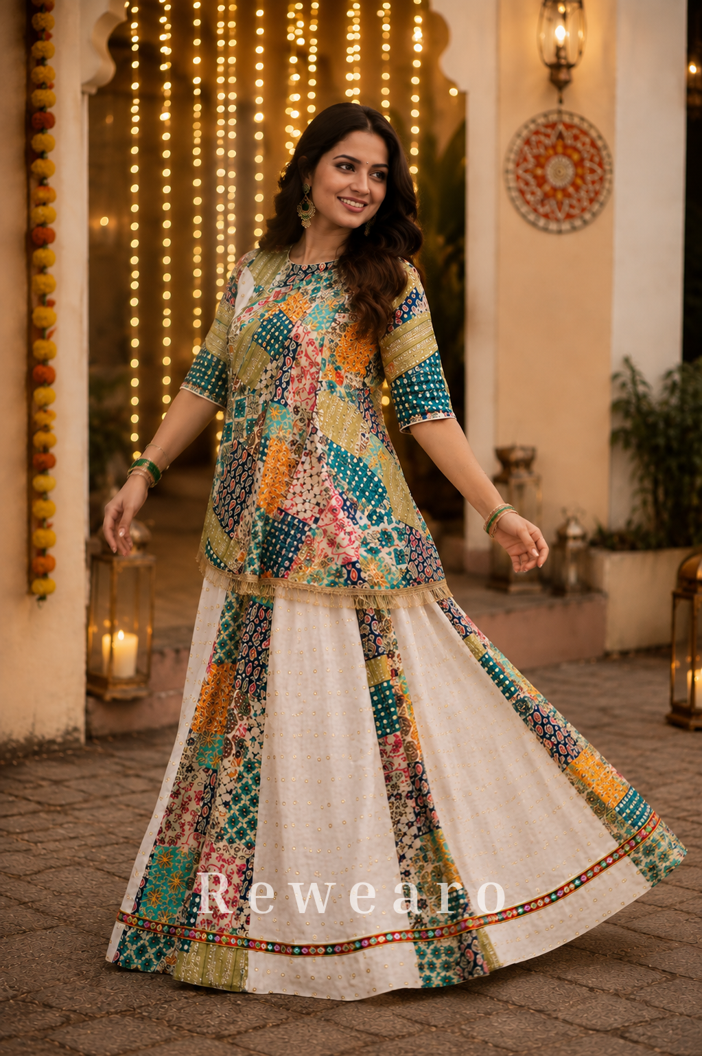 Multicolour Printed Choli Top with Panelled Flared Lehenga & Gota Border