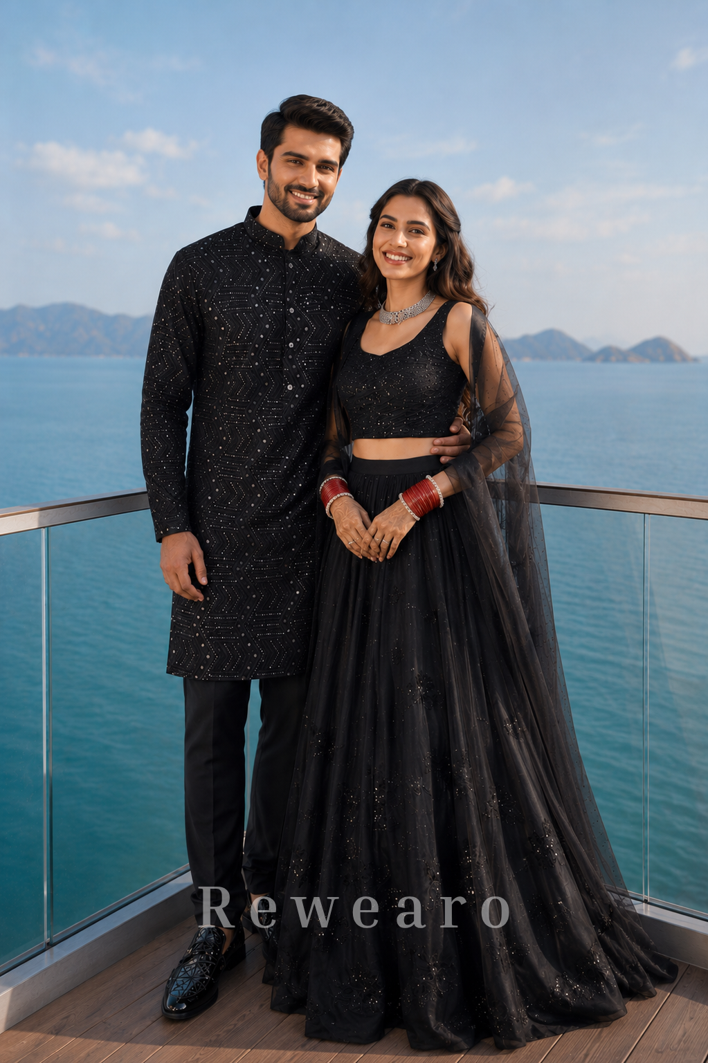 Midnight Black Coordinated Couple Set with Sequin Lehenga and Geometric Kurta