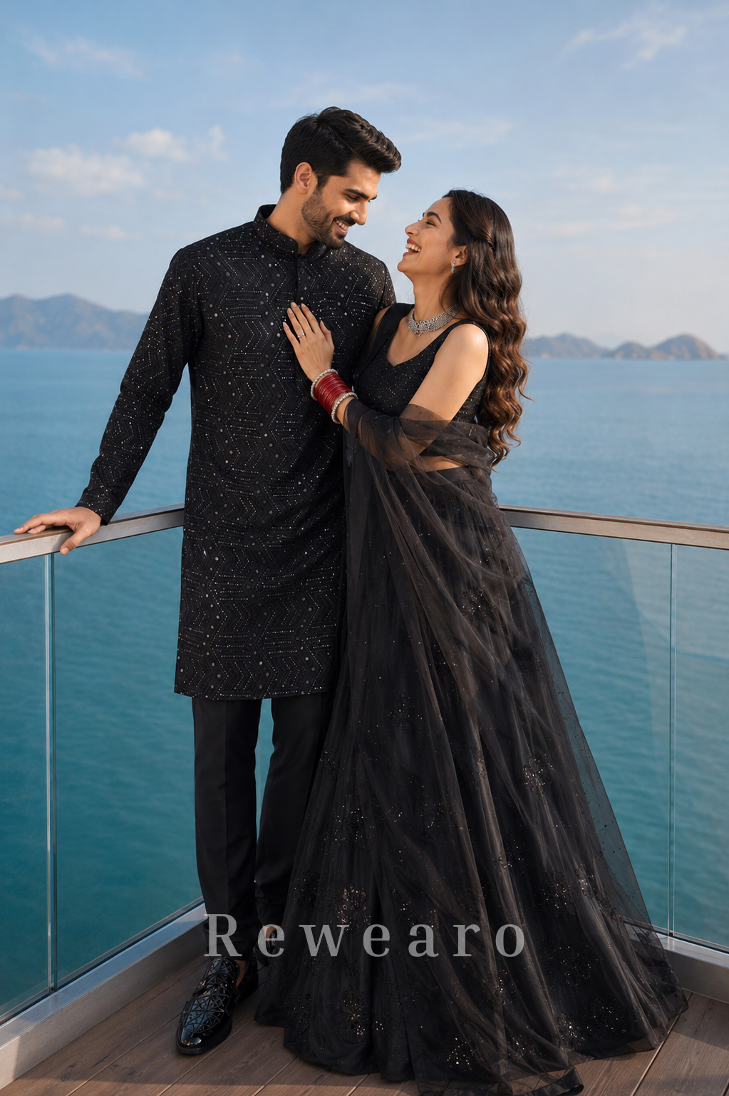 Midnight Black Coordinated Couple Set with Sequin Lehenga and Geometric Kurta