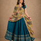 Teal Flared Lehenga with Printed Dupatta, Contrast Blouse & Gota Border Detailing