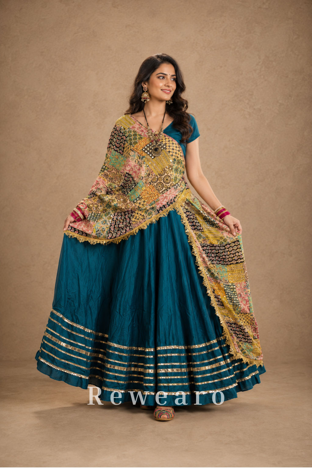 Teal Flared Lehenga with Printed Dupatta, Contrast Blouse & Gota Border Detailing