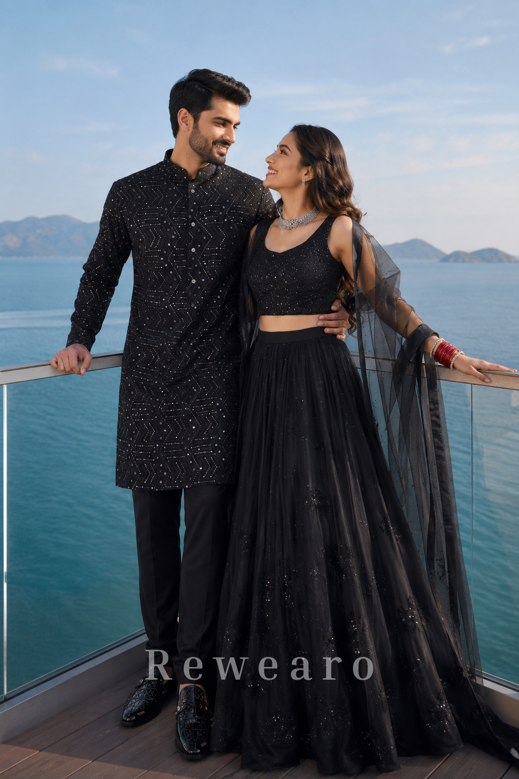 Midnight Black Coordinated Couple Set with Sequin Lehenga and Geometric Kurta