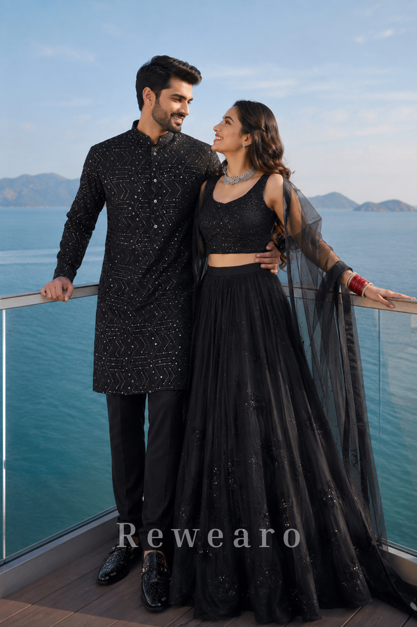 Midnight Black Coordinated Couple Set with Sequin Lehenga and Geometric Kurta - View 4