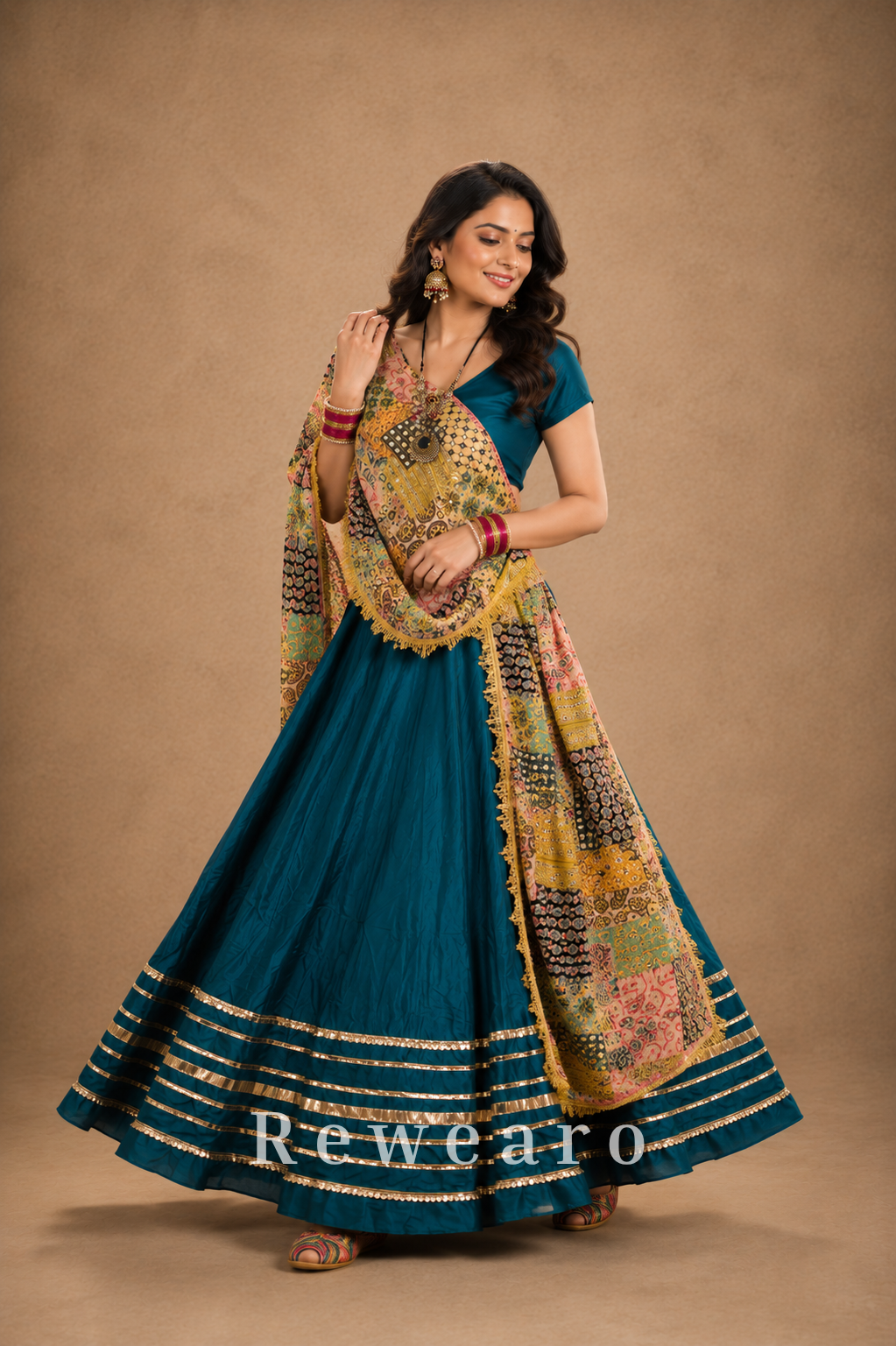 Teal Flared Lehenga with Printed Dupatta, Contrast Blouse & Gota Border Detailing