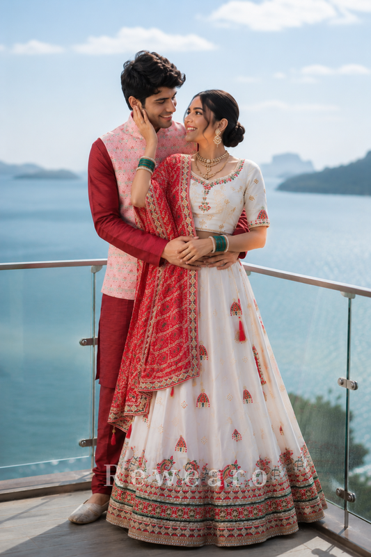 Ivory Embroidered Sider Lehenga Set with Coral Bandhani Style Dupatta and Coordinated Kurta Jacket Set