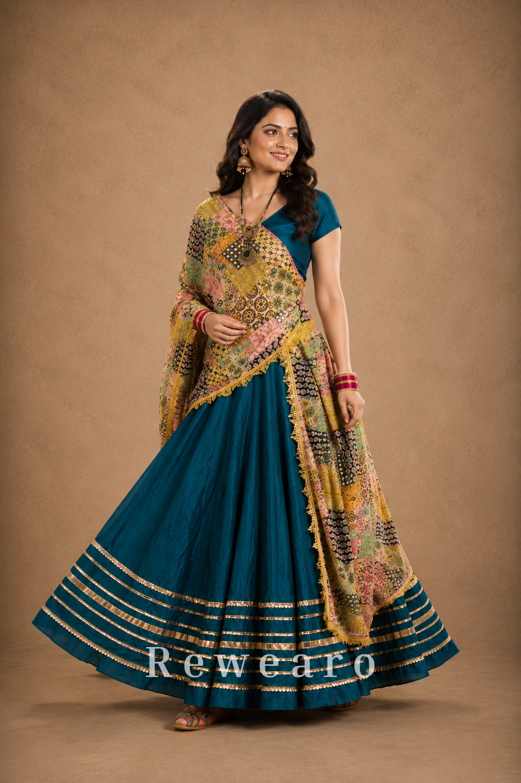 Teal Flared Lehenga with Printed Dupatta, Contrast Blouse & Gota Border Detailing