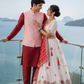 Ivory Embroidered Sider Lehenga Set with Coral Bandhani Style Dupatta and Coordinated Kurta Jacket Set
