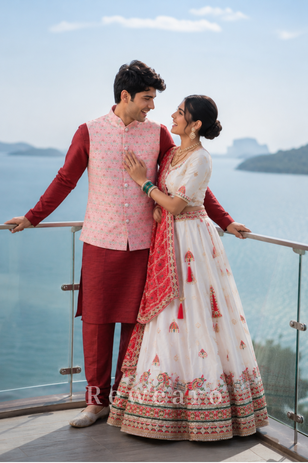 Ivory Embroidered Sider Lehenga Set with Coral Bandhani Style Dupatta and Coordinated Kurta Jacket Set