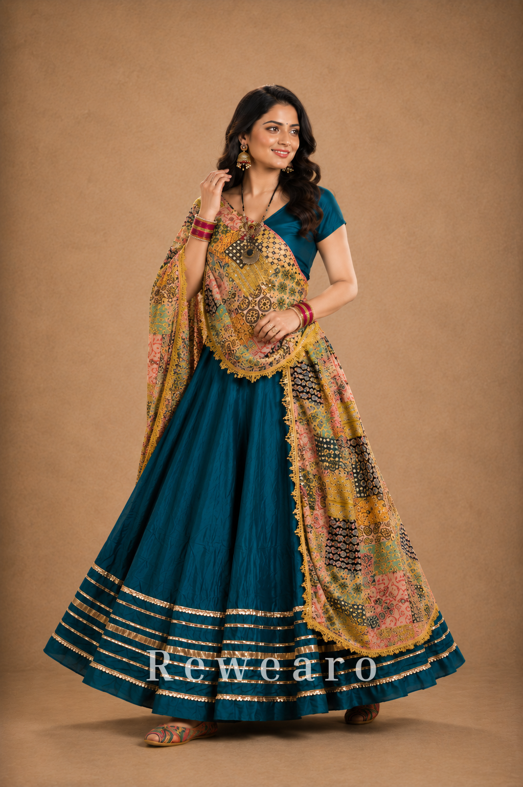 Teal Flared Lehenga with Printed Dupatta, Contrast Blouse & Gota Border Detailing