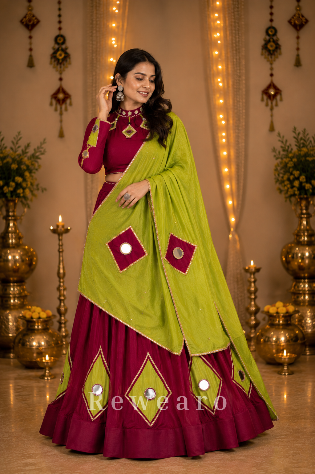 Kesarika Gulnaar Aaina Lehenga Set with Lime Draped Dupatta
