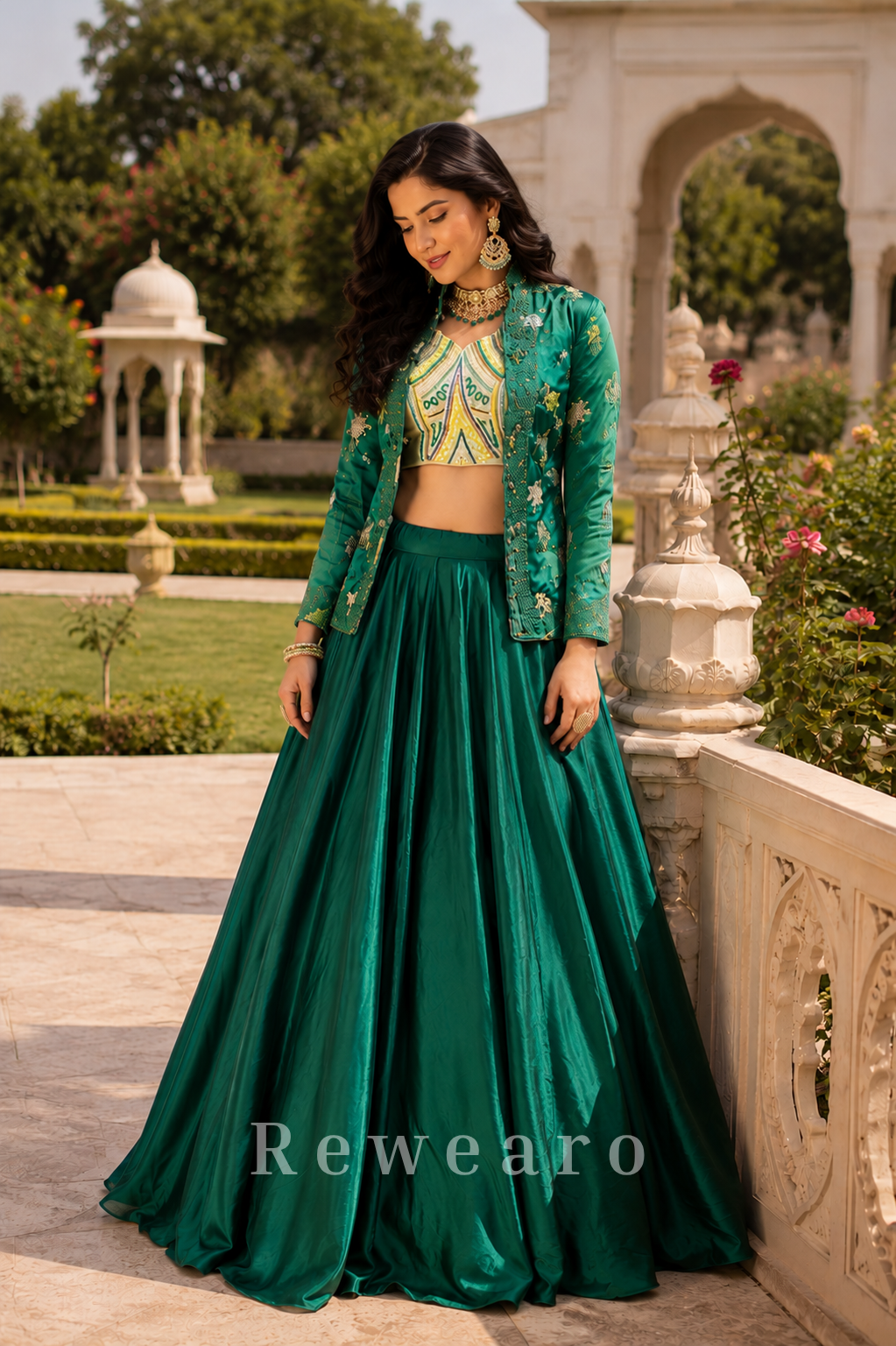 Emerald Embroidered Jacket Style Lehenga Set with Geometric Mirror Work Blouse