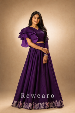 Royal Amethyst Ruffle Blouse with Flowing Purple Embroidered Lehenga
