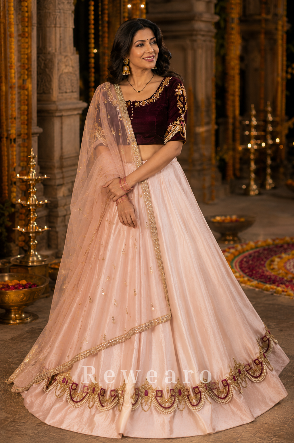 Blush Ivory Silk Lehenga Set with Wine Velvet Embroidered Blouse and Net Dupatta