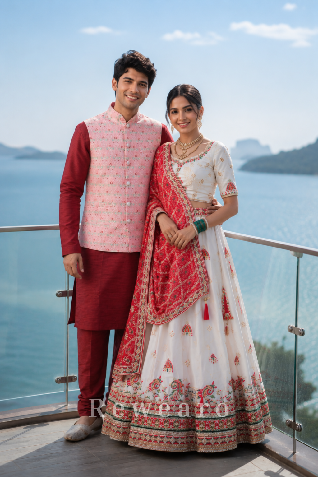 Ivory Embroidered Sider Lehenga Set with Coral Bandhani Style Dupatta and Coordinated Kurta Jacket Set