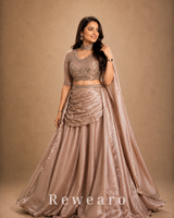 Champagne Embroidered Blouse with Draped Skirt, Ruched Waist & Flowing Dupatta