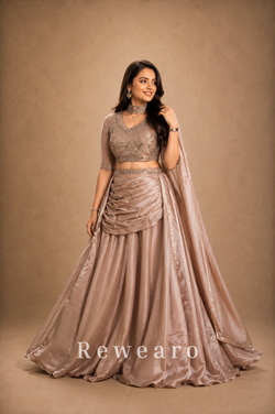 Champagne Embroidered Blouse with Draped Skirt, Ruched Waist & Flowing Dupatta